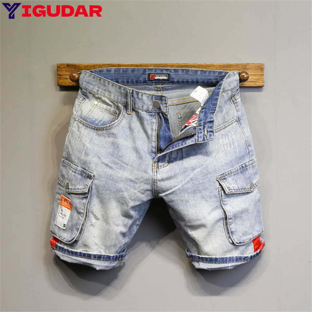 Streetwear Brand Denim - กางเกงยีนส์ขาสั้นผู้ชายแบรนด์แฟชั่น รุ่น 2026 สไตล์สตรีทแวร์ฮาราจูกุ ทรงสลิมตรง ผ้าเดนิม